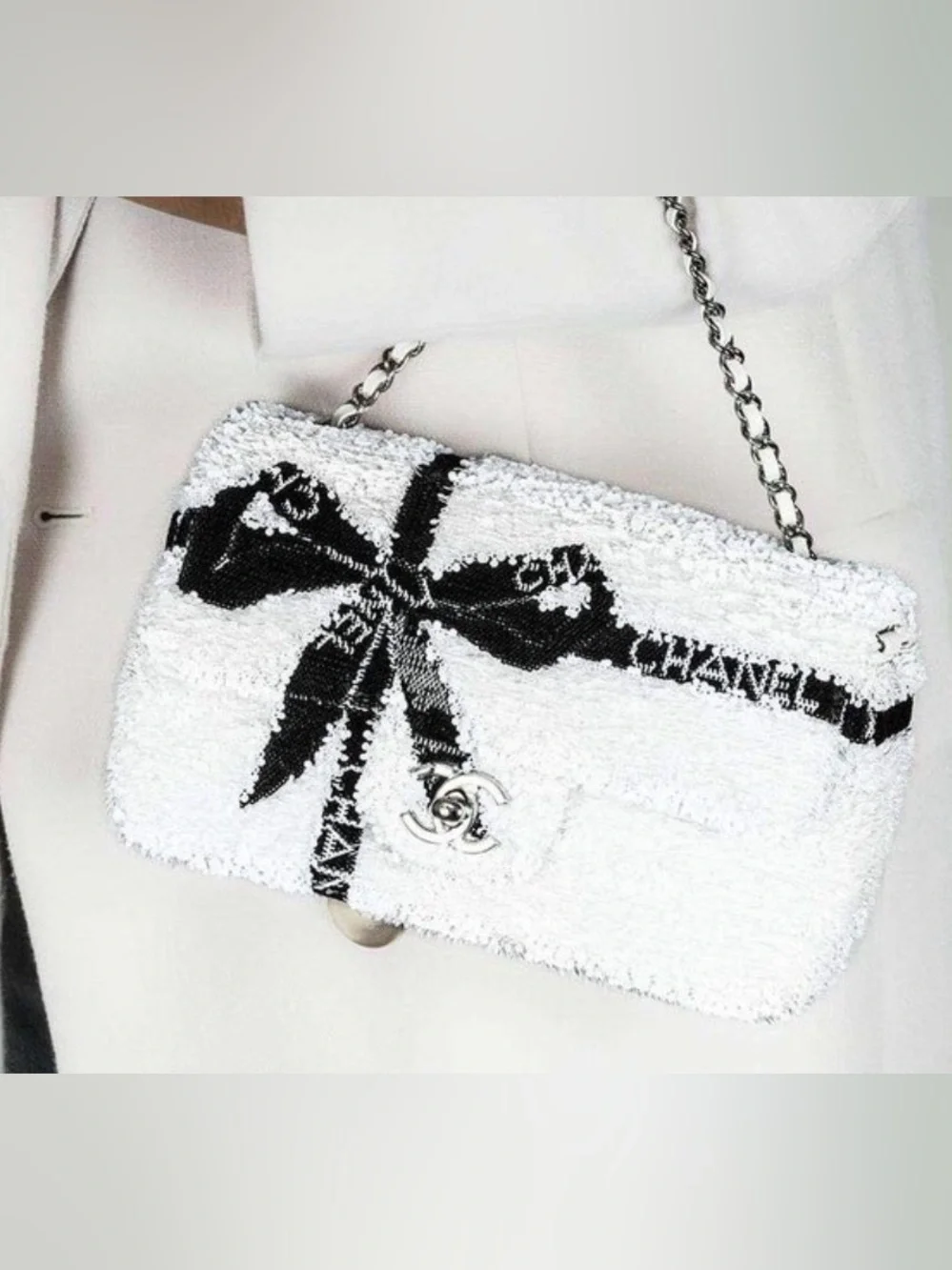 Chanel 24B Sequin Ribbon Bow Mini Rectangular Flap Bag White/Black